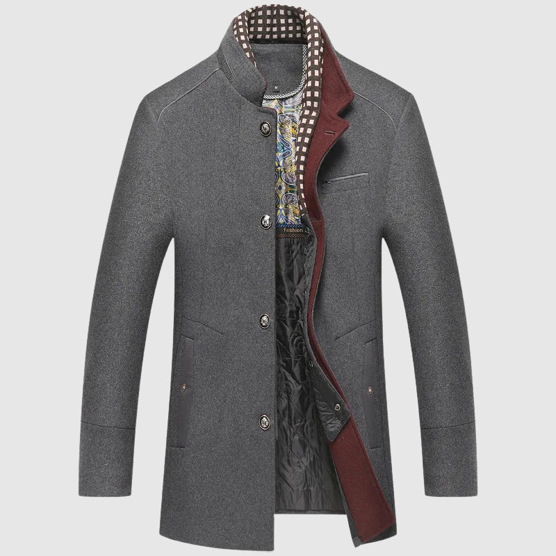 Men's dark wool turtleneck coat, single-breasted classic cut, thick worsted fabric elegant outerwear