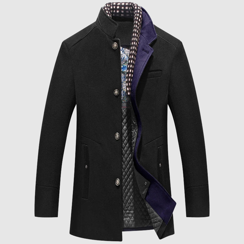 Men's dark wool turtleneck collar coat single breasted classic cut thick worsted fabric outerwear