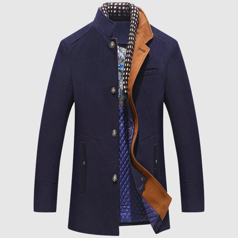 Men's dark wool turtleneck coat, single-breasted classic cut, thick worsted fabric elite outerwear