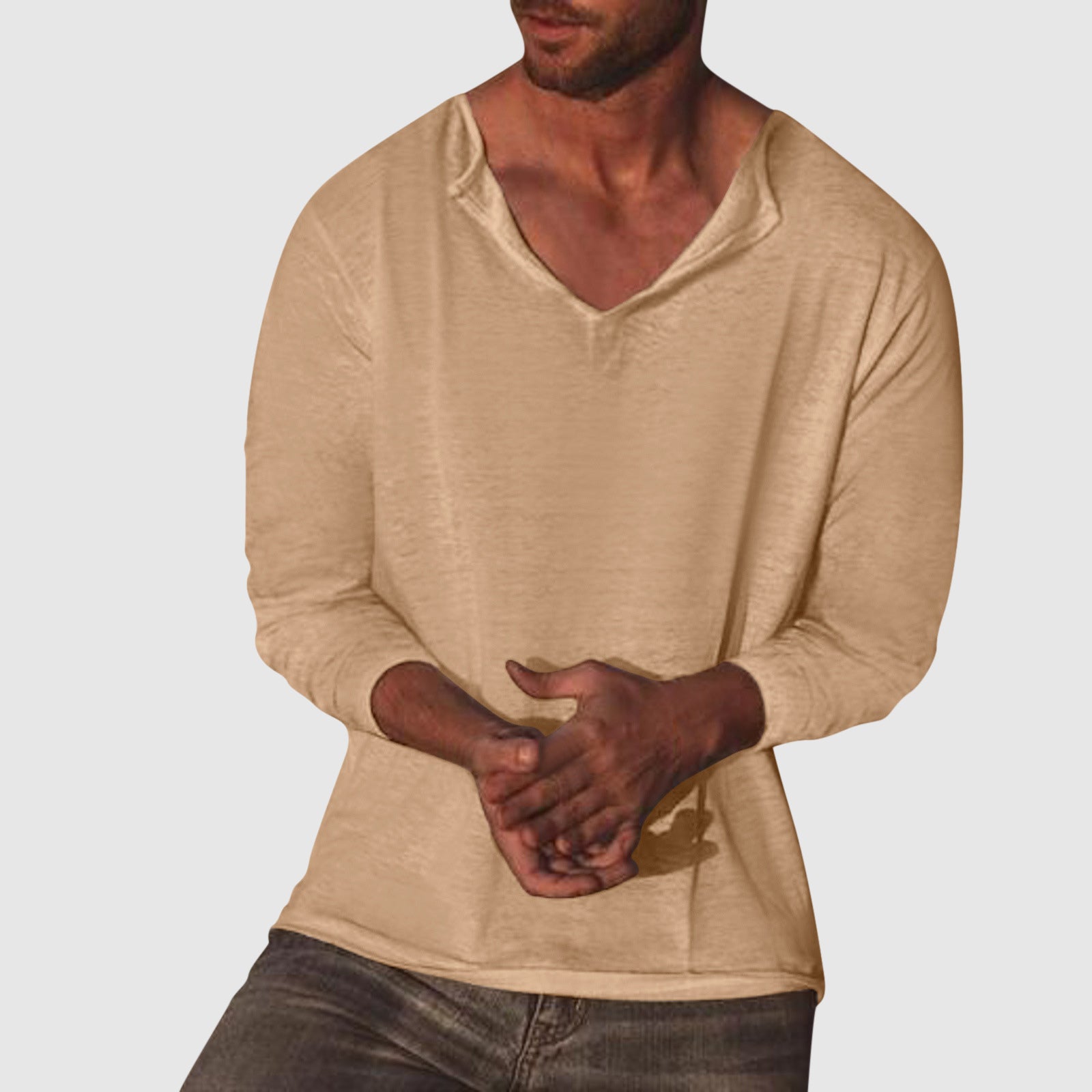 Lorenzo Vitali men's white cotton linen V-neck shirt, relaxed comfort fit with breathable fabric
