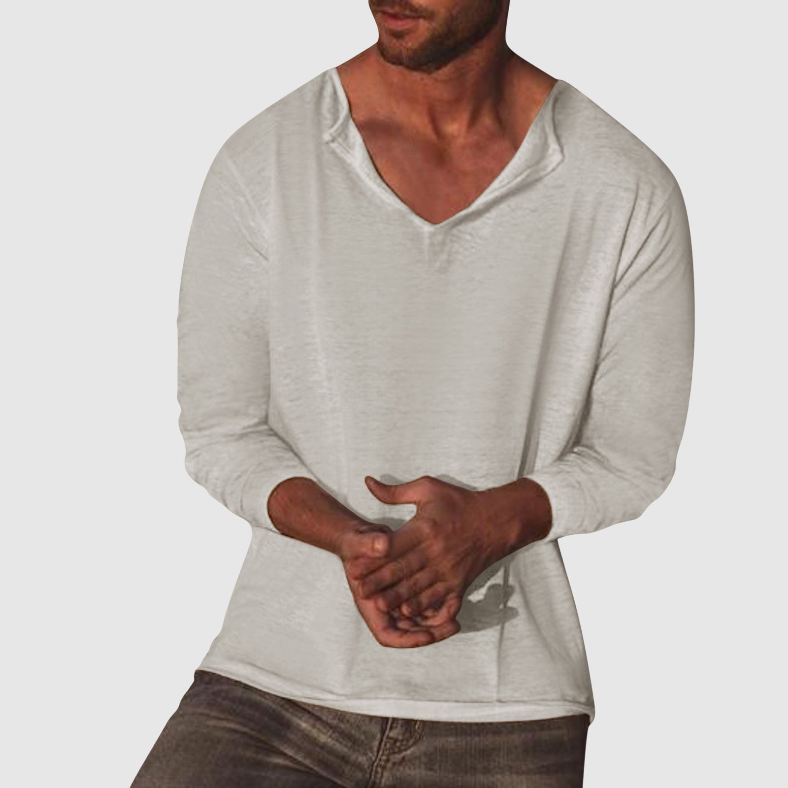Lorenzo Vitali men's white v-neck shirt cotton linen blend relaxed fit breathable casual style