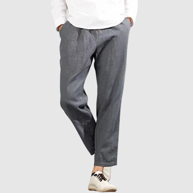 Lorenzo Vitali men's beige linen pants relaxed straight leg with elastic drawstring waistband
