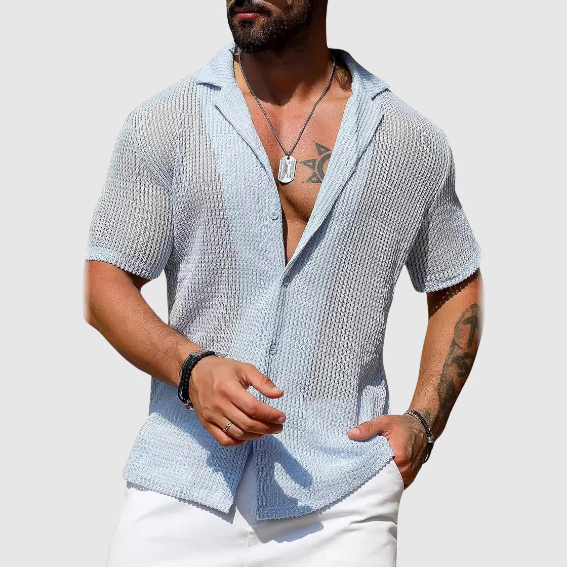 Men's hollow knit shirt breathable polyester turn-down collar single-breasted casual style