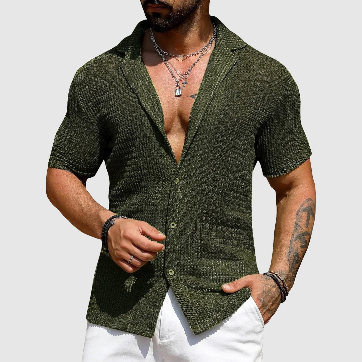 Men's hollow knit shirt breathable polyester turn-down collar single-breasted casual elegant top