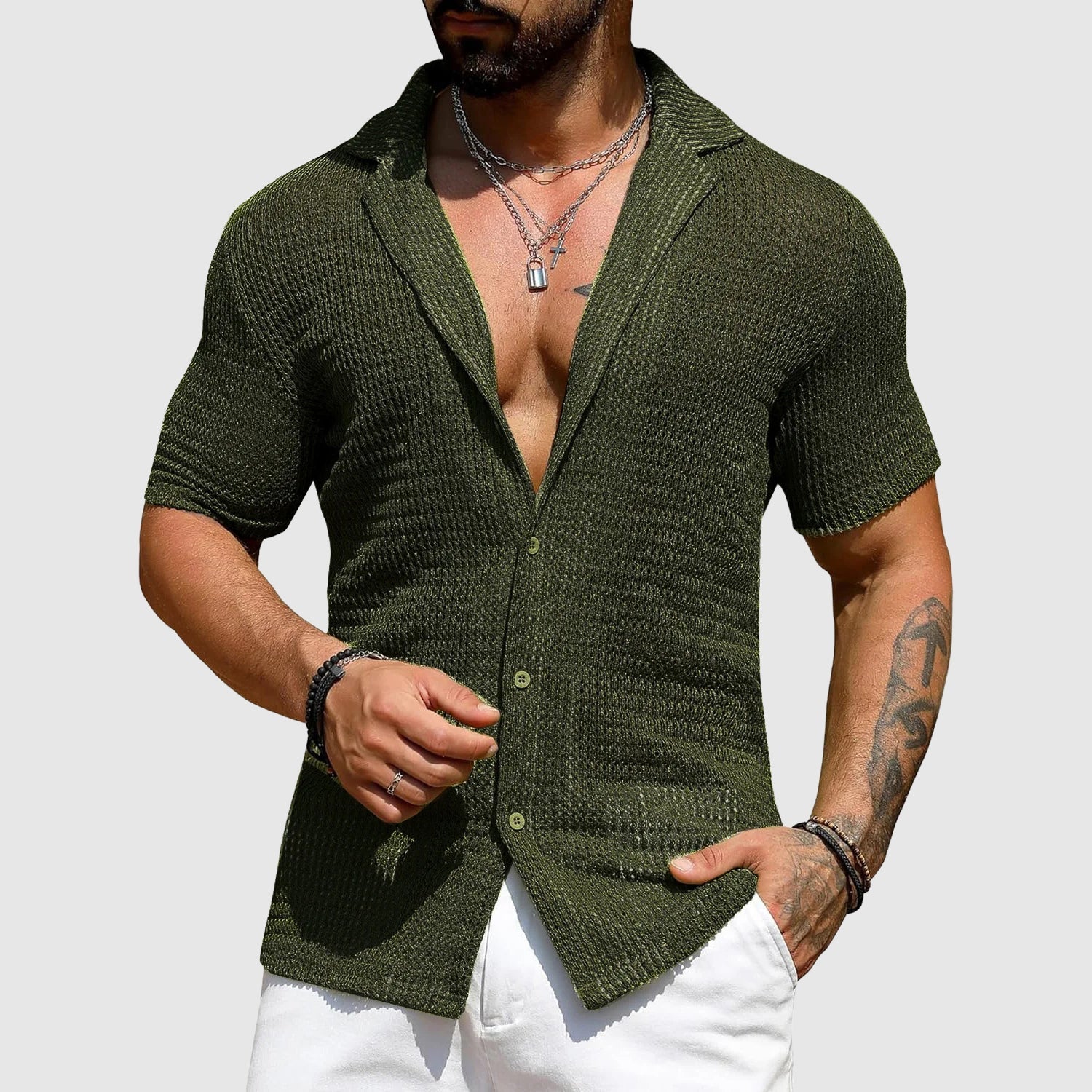 Men's hollow knit shirt breathable polyester turn-down collar single-breasted casual elegant top