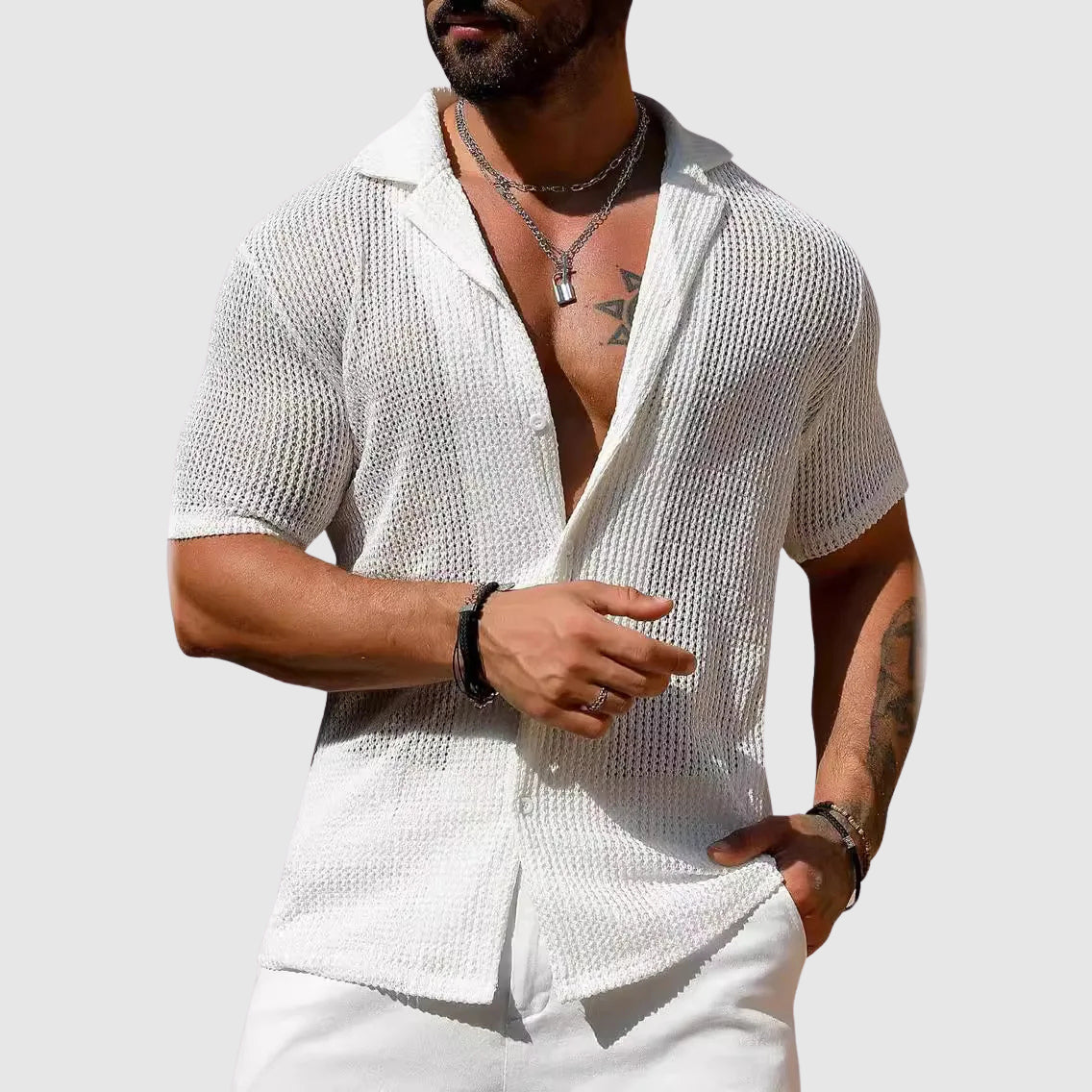 Men's hollow knit shirt breathable polyester turn-down collar single-breasted casual elegance top
