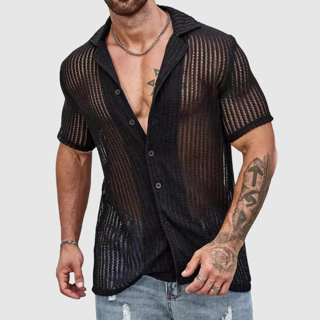 Men's hollow knit shirt breathable polyester turn-down collar single-breasted casual elegant top