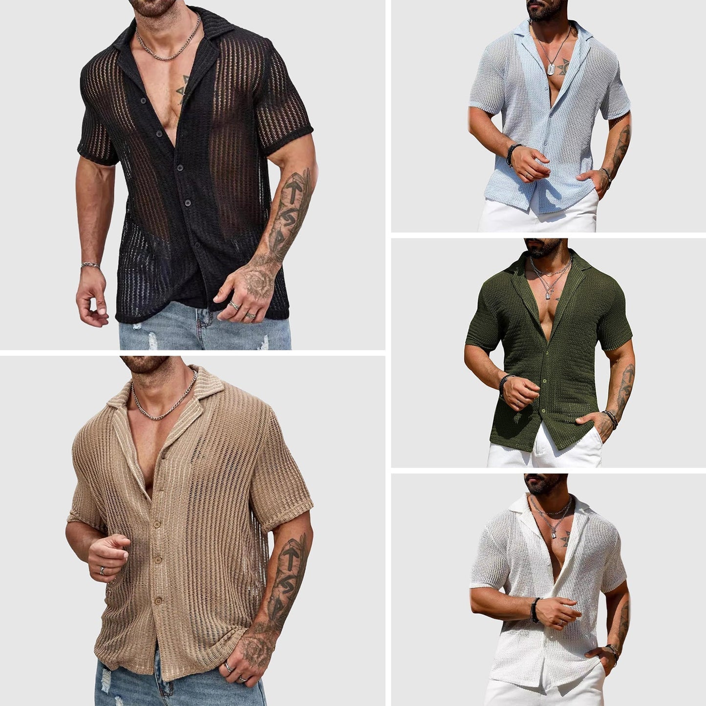 Men's hollow knit shirt breathable polyester turn-down collar single-breasted casual elegance top