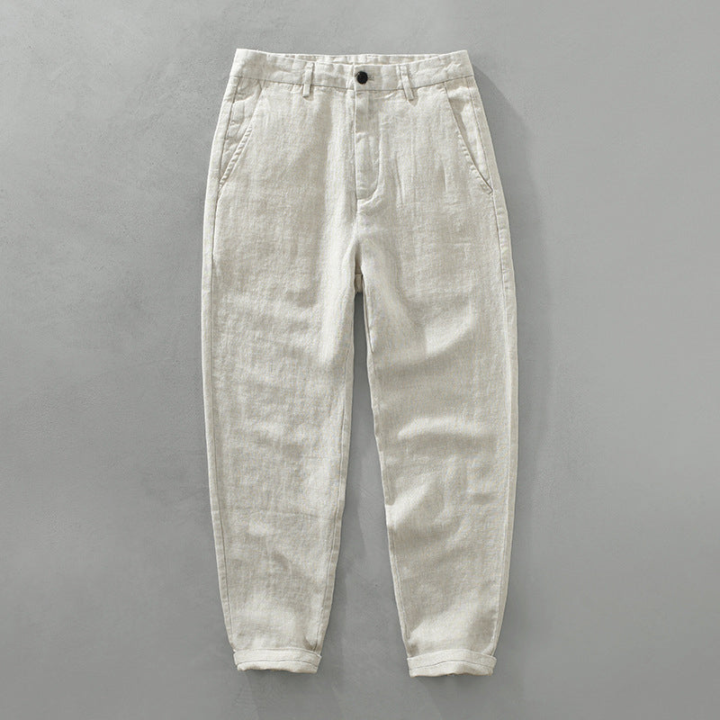 Lorenzo Vitali Ipanema men's beige linen pants, relaxed coastal fit with elasticized ankle cuffs
