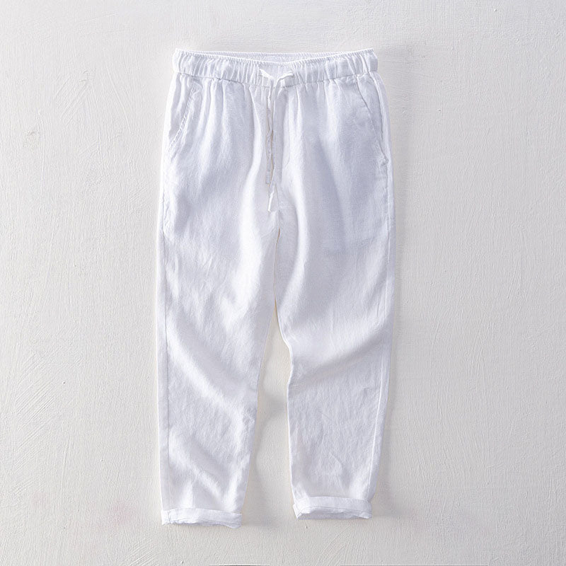 Men's navy linen-blend relaxed drape pants with breathable moisture-wicking fabric for warm weather