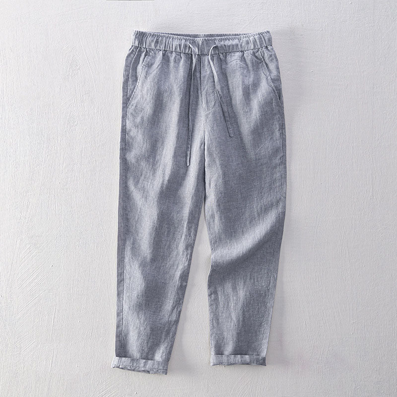 Men's navy linen-blend relaxed-drape dress pants with breathable moisture-wicking fabric