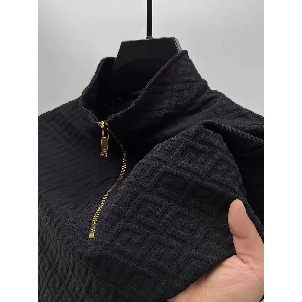 Lorenzo Vitali black geometric jacquard luxe sweater mock neck zip detail slim fit