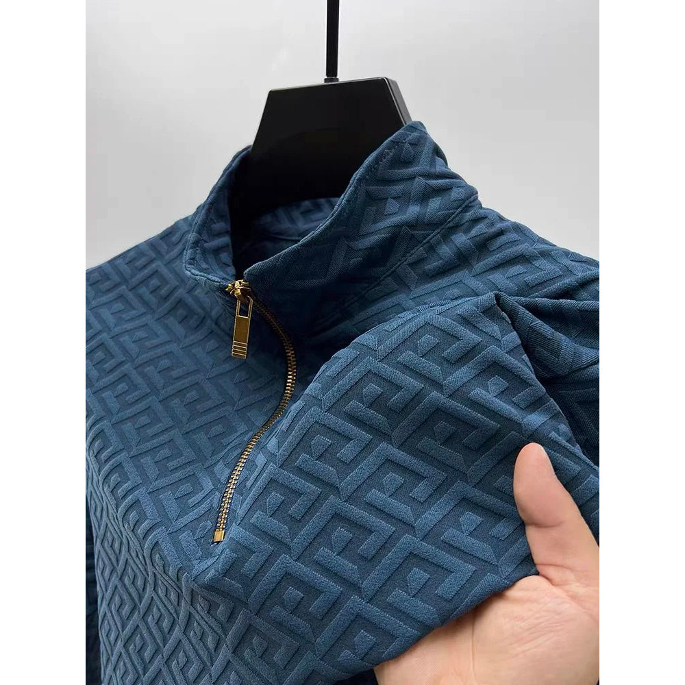 Lorenzo Vitali jacquard luxe sweater mock neck geometric pattern zipper details stretchy fit