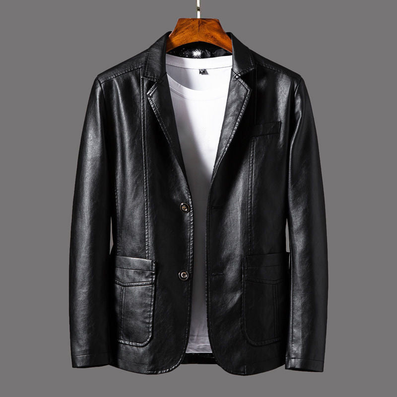Men's black PU leather moto jacket slim fit suit collar patch pockets rugged style