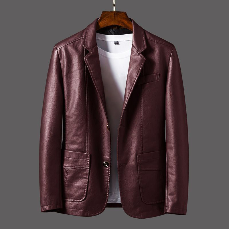 Men's slim black PU leather moto jacket with suit collar and patch pockets for rugged style