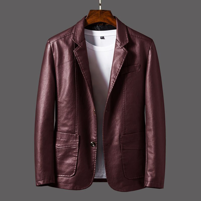 Men's slim black PU leather moto jacket with suit collar and patch pockets for rugged style