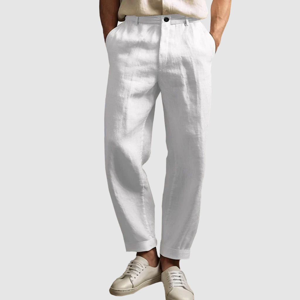 Lorenzo Vitali men's beige linen straight-cut pants lightweight breathable warm-weather comfort