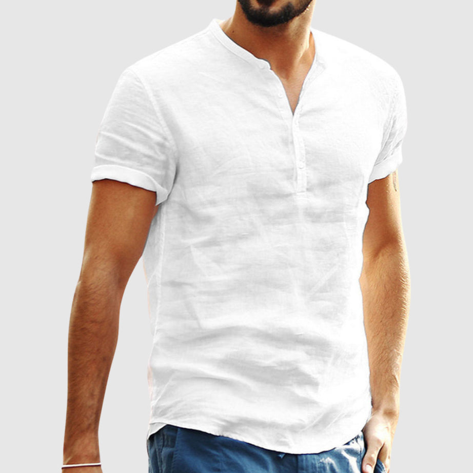 Lorenzo Vitali men's linen V-neck shirt tailored fit stand collar breathable cotton-linen blend