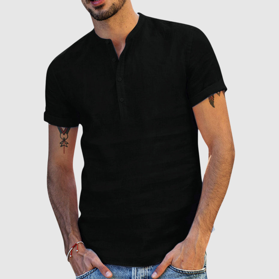 Lorenzo Vitali men's linen V-neck shirt tailored fit breathable stand collar summer style