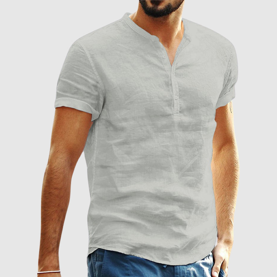 Lorenzo Vitali men's linen V-neck shirt tailored fit stand collar breathable cotton-linen blend