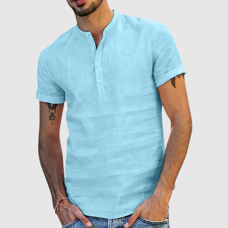Lorenzo Vitali men's linen V-neck shirt tailored fit breathable stand collar summer style