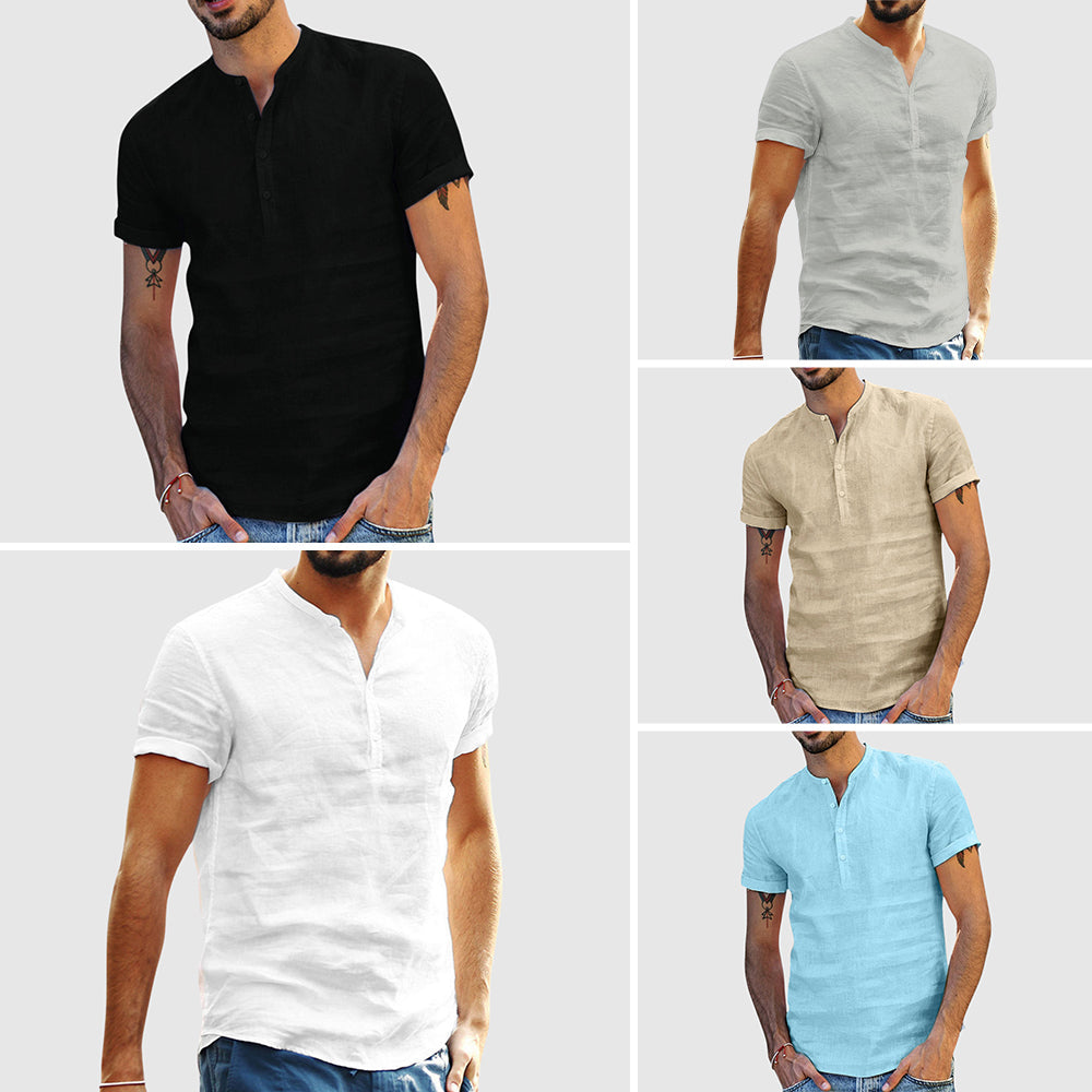 Lorenzo Vitali men's linen V-neck shirt tailored fit breathable stand collar summer style