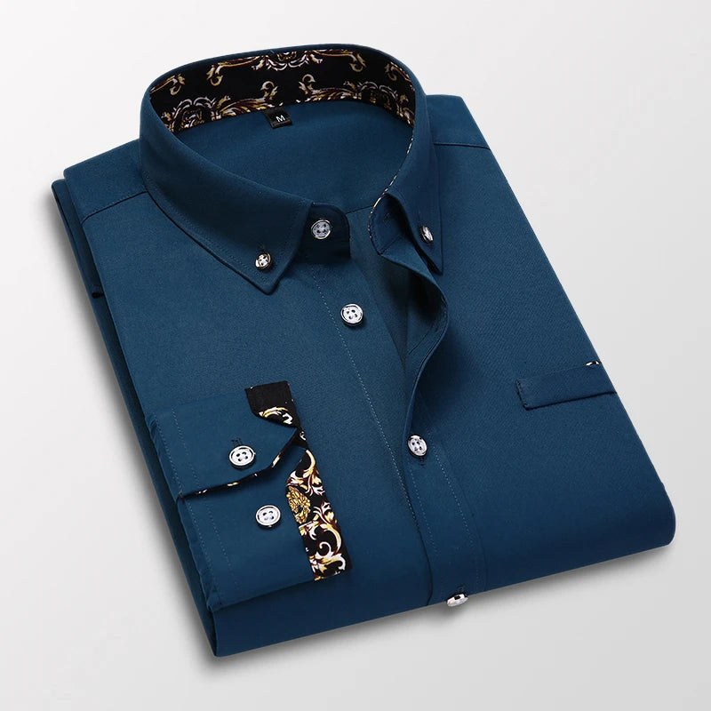 Men's white cotton button-up dress shirt with hidden baroque-print accents inside collar and cuffs