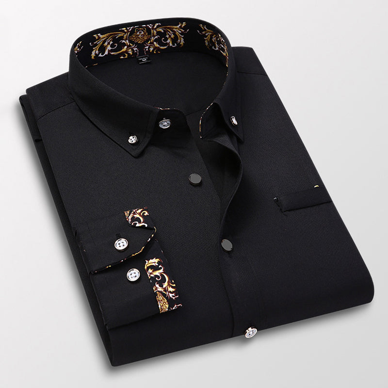 Men's white luxury cotton button-up dress shirt with hidden baroque-print collar and cuff accents