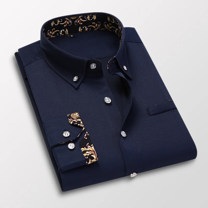 Men's white luxe cotton button-up dress shirt with hidden baroque-print collar and cuff accents