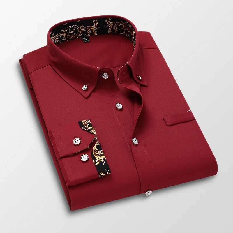 Men's white luxe cotton button-up dress shirt with hidden baroque-print collar and cuff accents