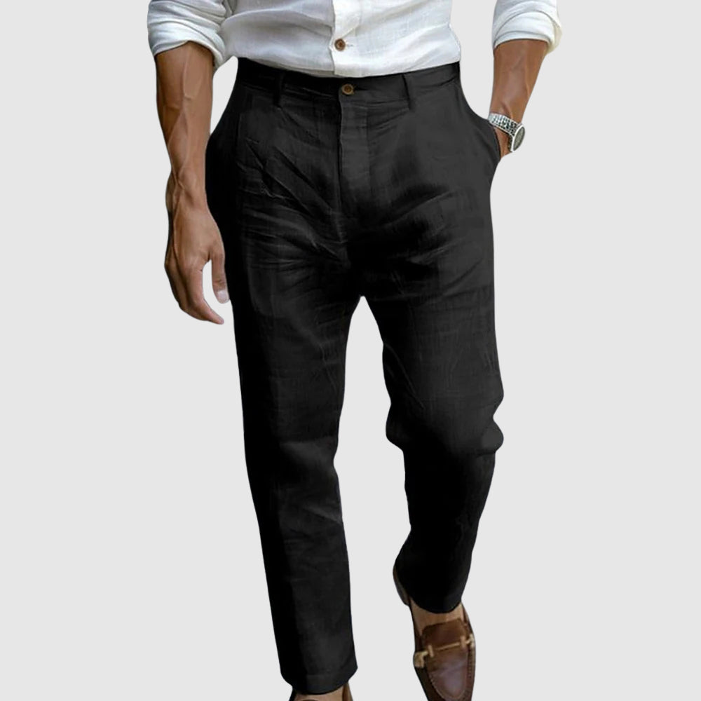 Men's navy linen trousers classic fit straight leg flat front lightweight breathable casual dress pants