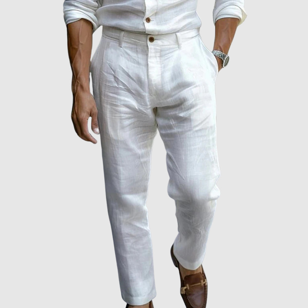 Lorenzo Vitali ankle-length linen pants in neutral tones, tailored smart-casual cut with natural drape