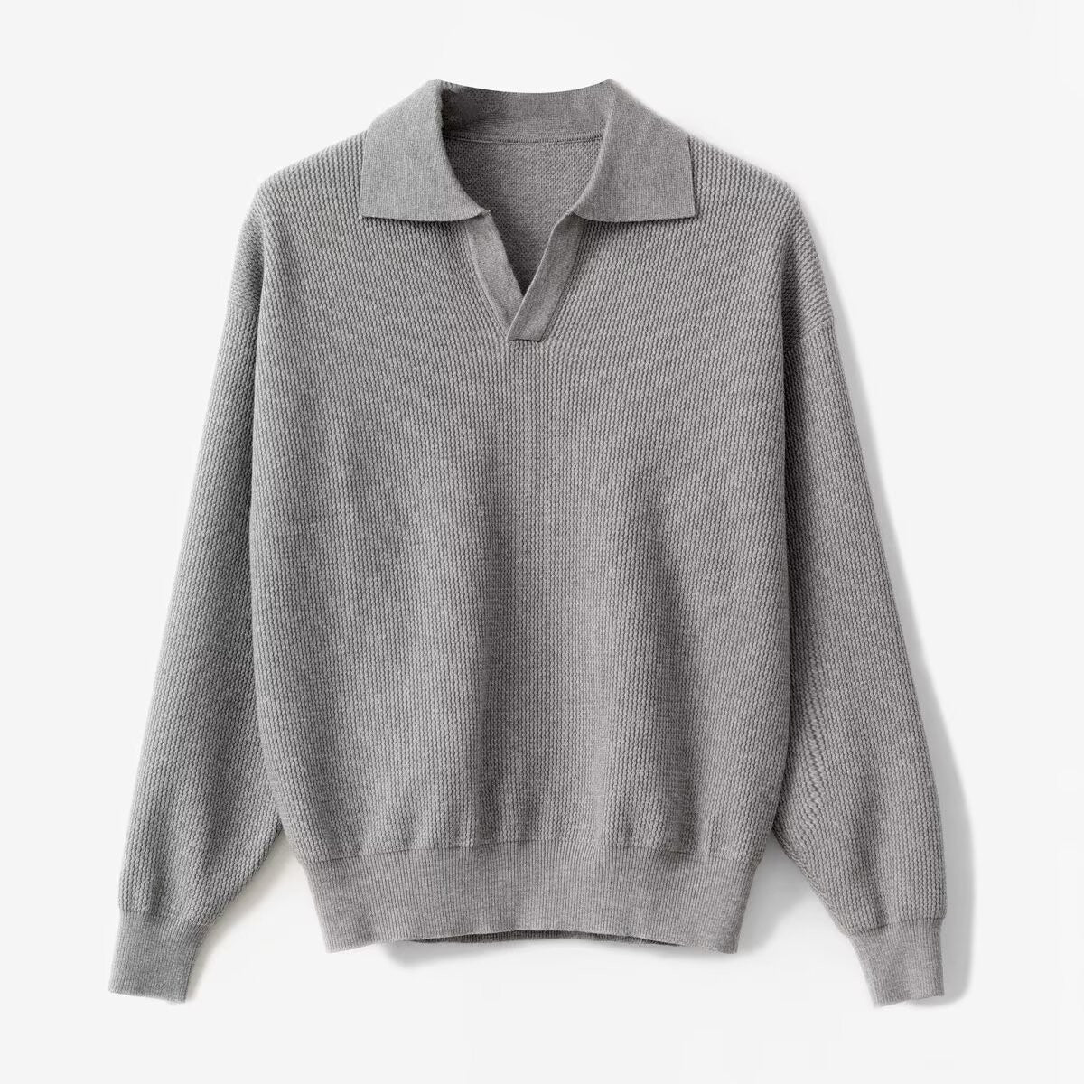 Men's relaxed fit soft knit polo pullover long sleeves ribbed cuffs casual everyday style