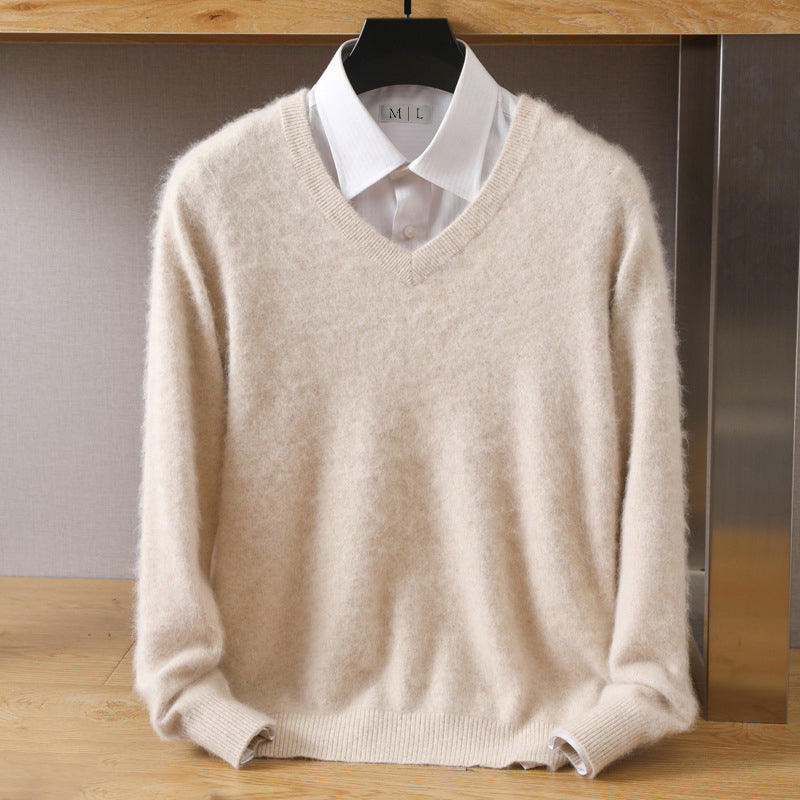 Lorenzo Vitali relaxed-fit V-neck sweater in wool-faux mink blend with cozy loose drape