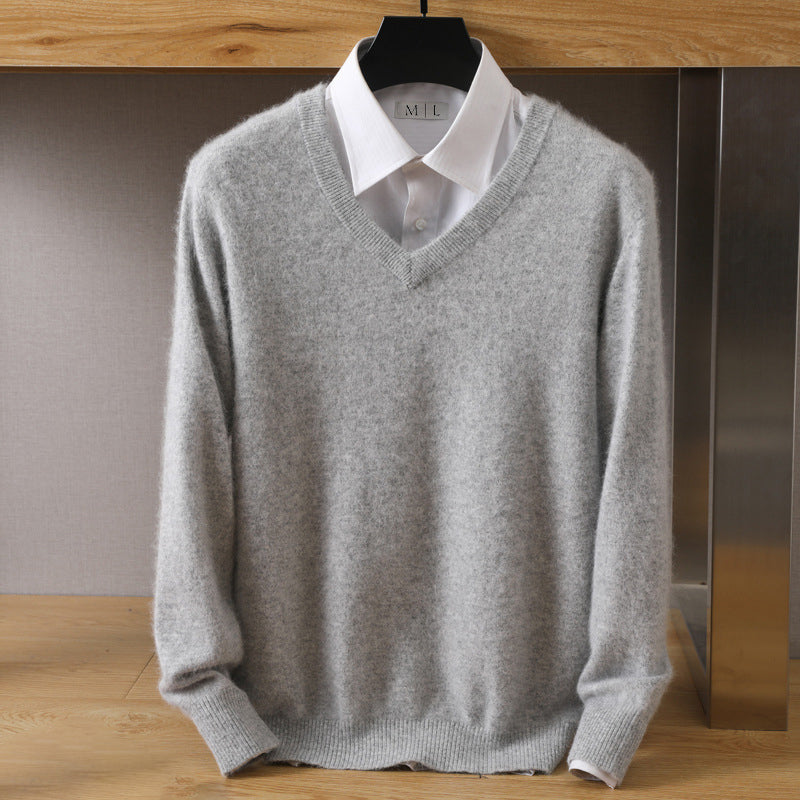 Lorenzo Vitali cream wool faux mink V-neck sweater relaxed fit with soft cozy drape