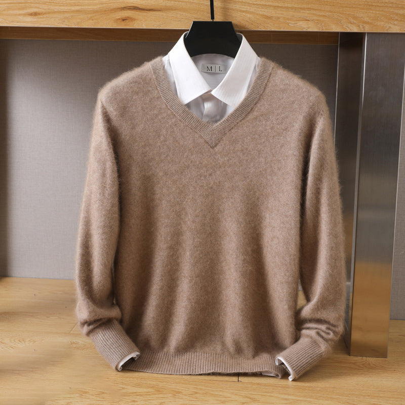 Lorenzo Vitali beige wool faux mink blend relaxed V-neck sweater with soft drape casual fit
