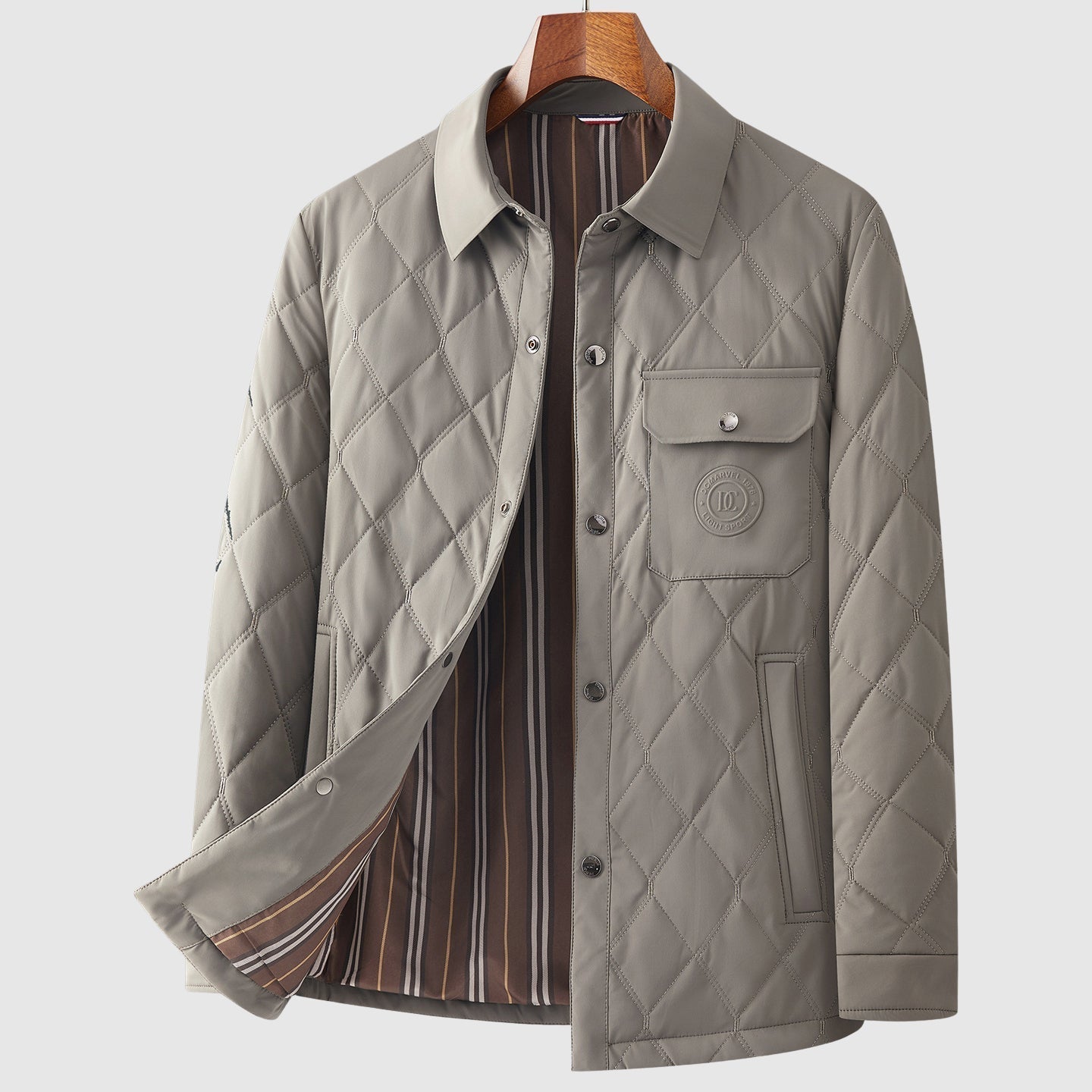 Men's navy quilted jacket diamond stitch hip-length cut patch pockets button front cozy layer
