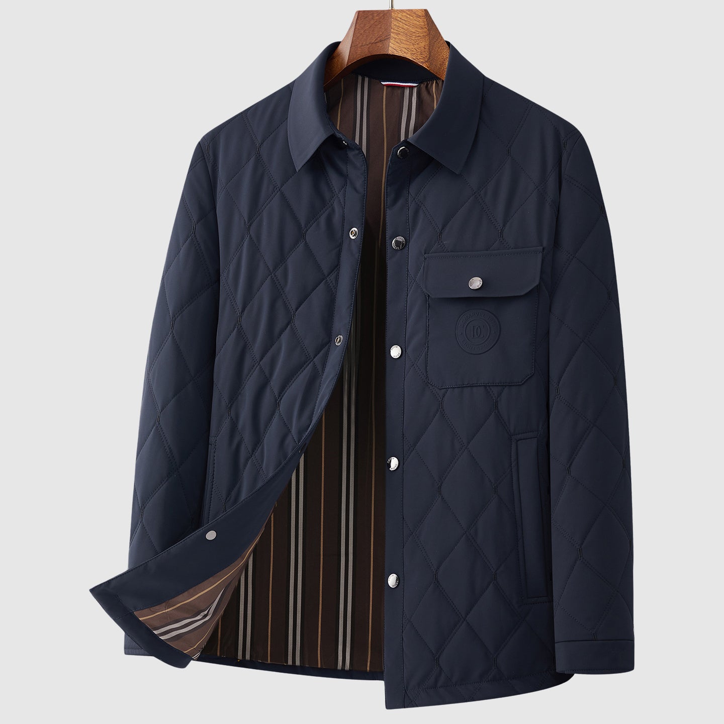 Men's navy quilted jacket diamond stitch pattern patch pockets button front hip length cozy fit