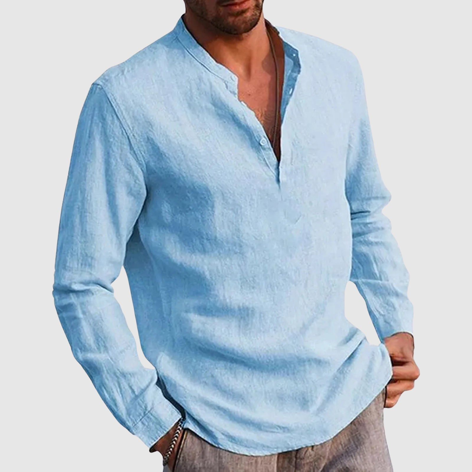 Men's beige linen blend casual shirt stand collar V-neck lightweight breathable Nomad style