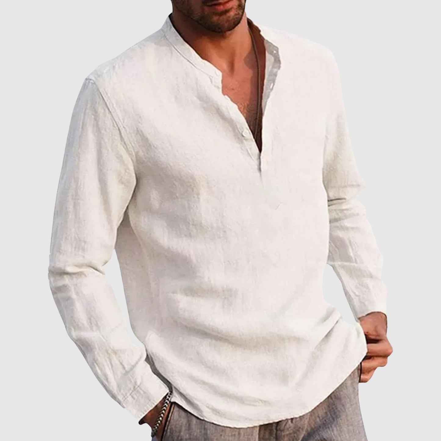 Men's lightweight linen blend shirt, stand collar V-neck, casual polished style by Lorenzo Vitali