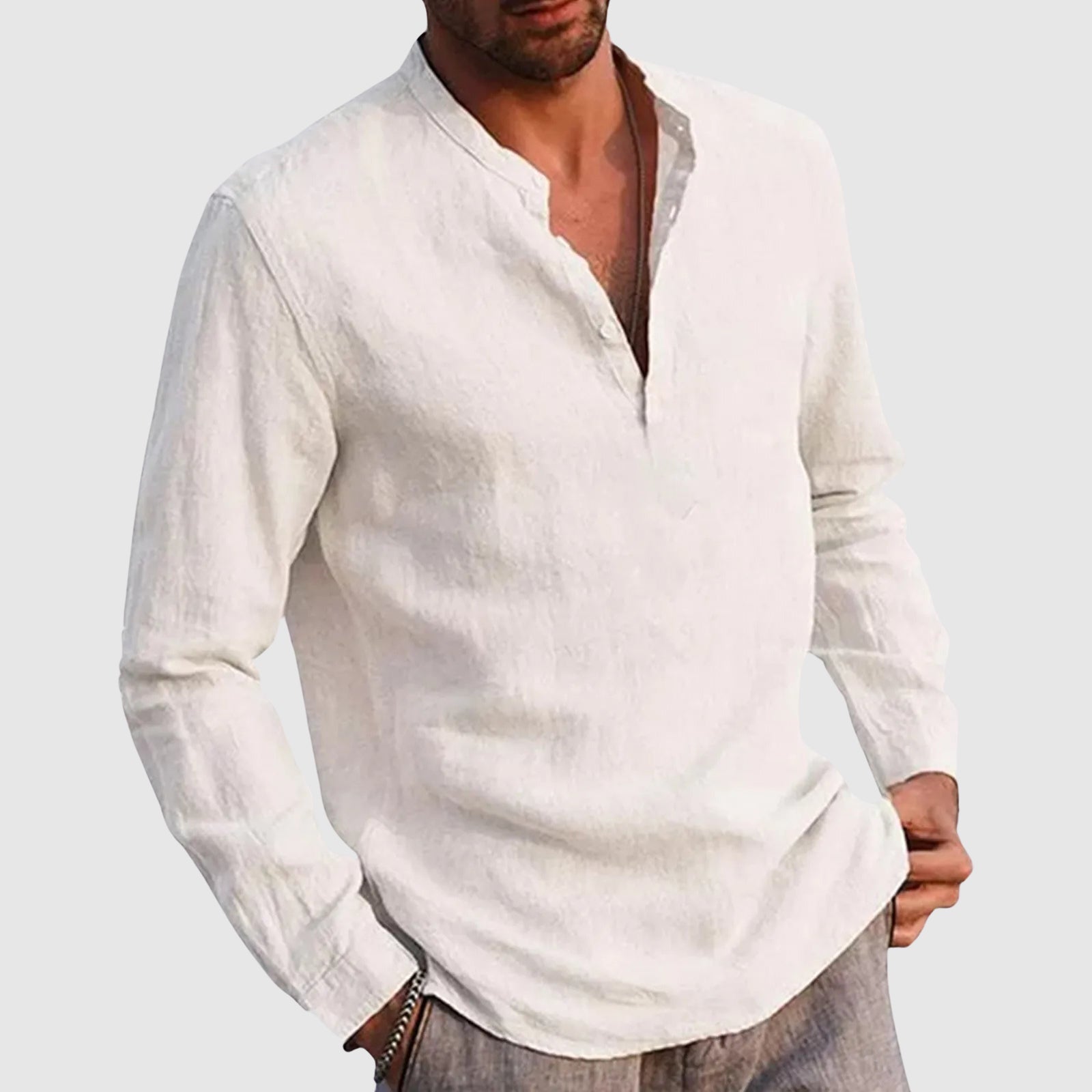 Men's lightweight linen blend shirt, stand collar V-neck, casual polished style by Lorenzo Vitali