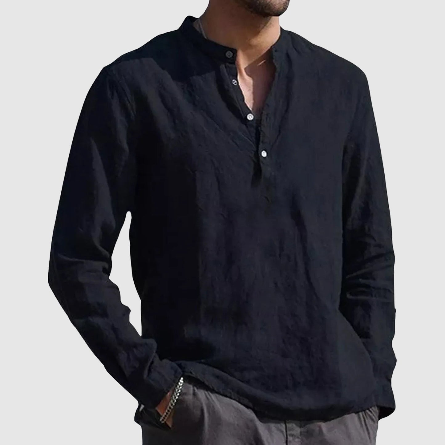 Men's lightweight linen blend shirt, stand collar V-neck, casual polished style in neutral tone