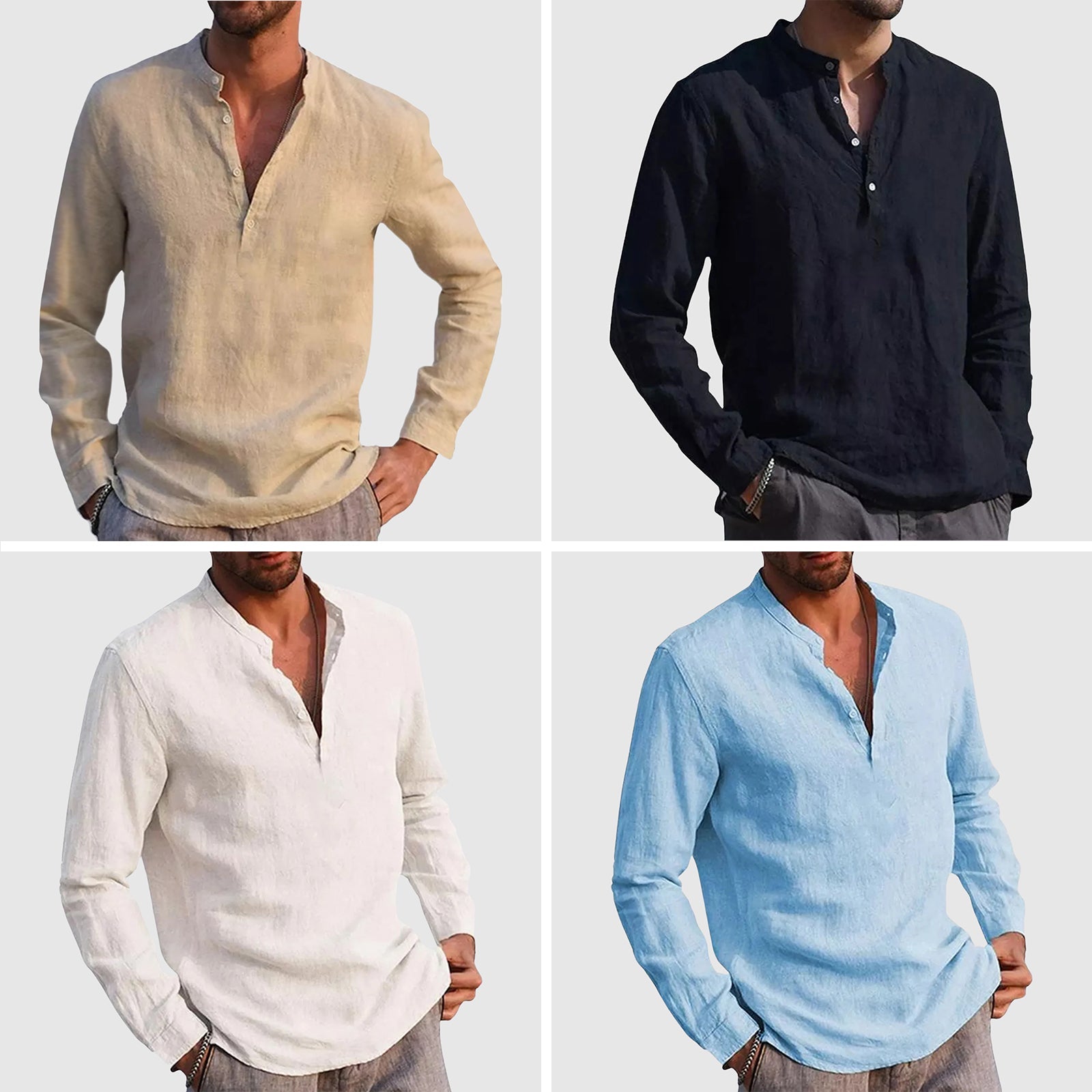 Men's lightweight linen blend shirt stand collar V-neck casual polished style breathable warm weather