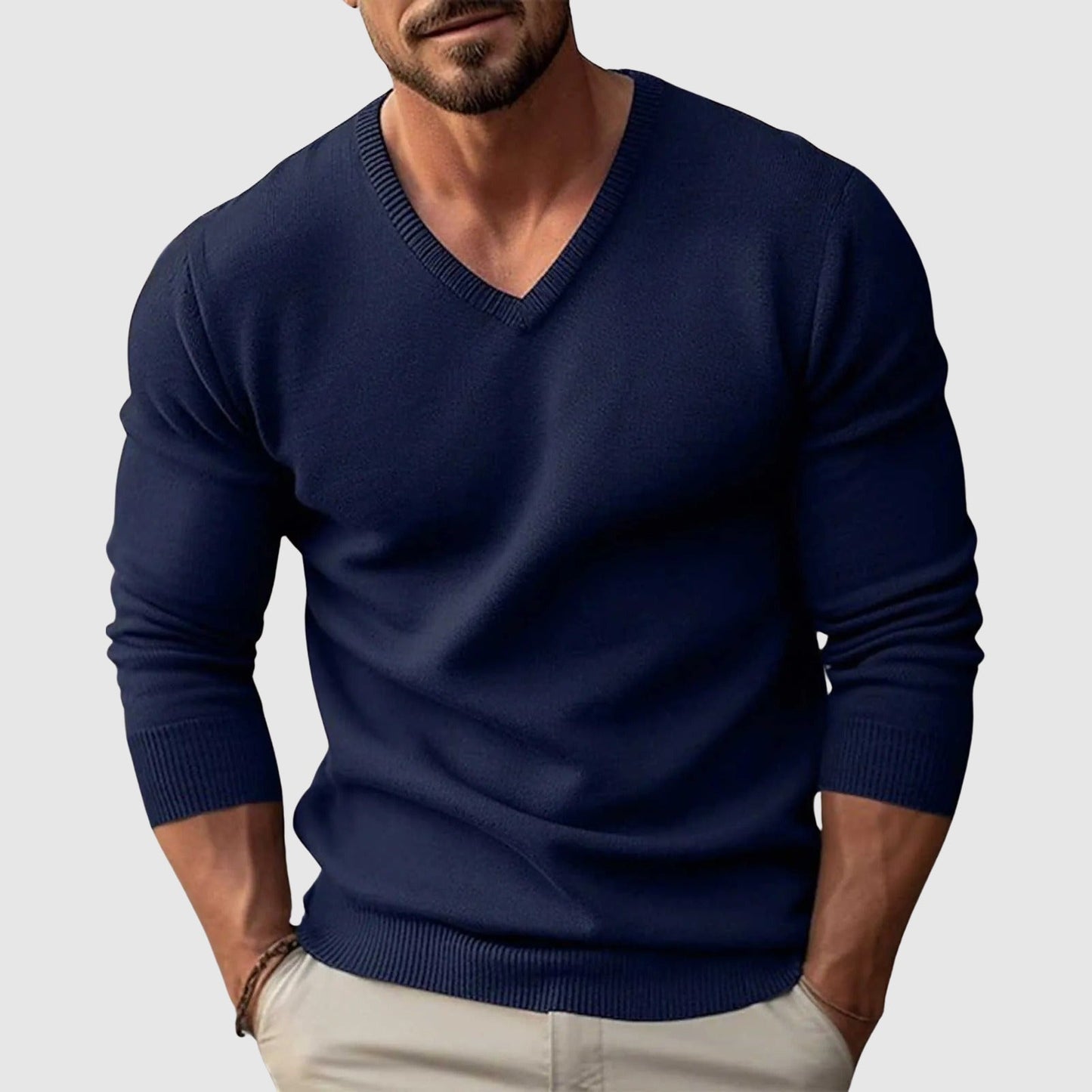Lorenzo Vitali Nordic Crest slim fit V-neck wool sweater men lightweight flat-knit casual style