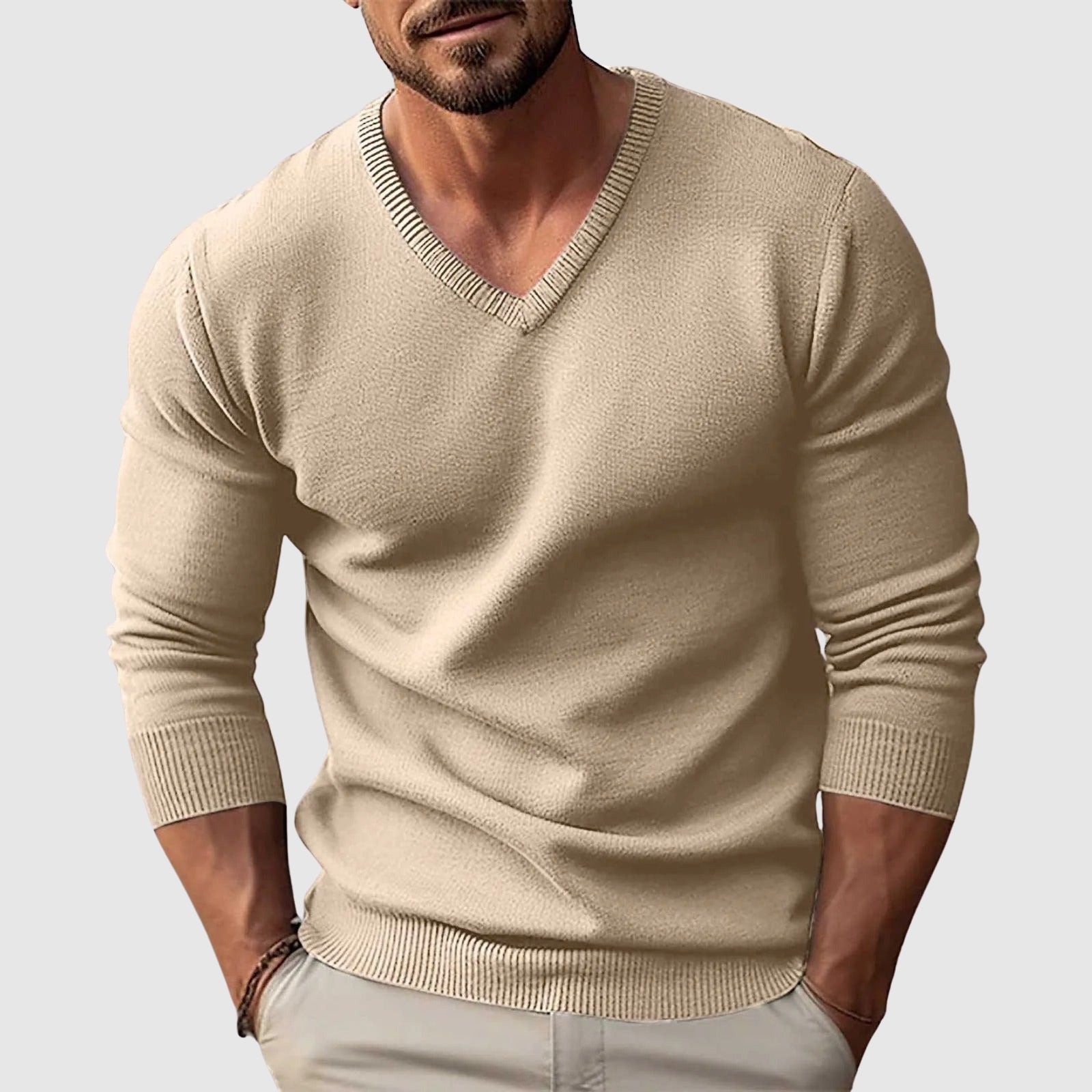 Lorenzo Vitali Nordic Crest slim fit V-neck wool sweater men lightweight flat-knit casual style