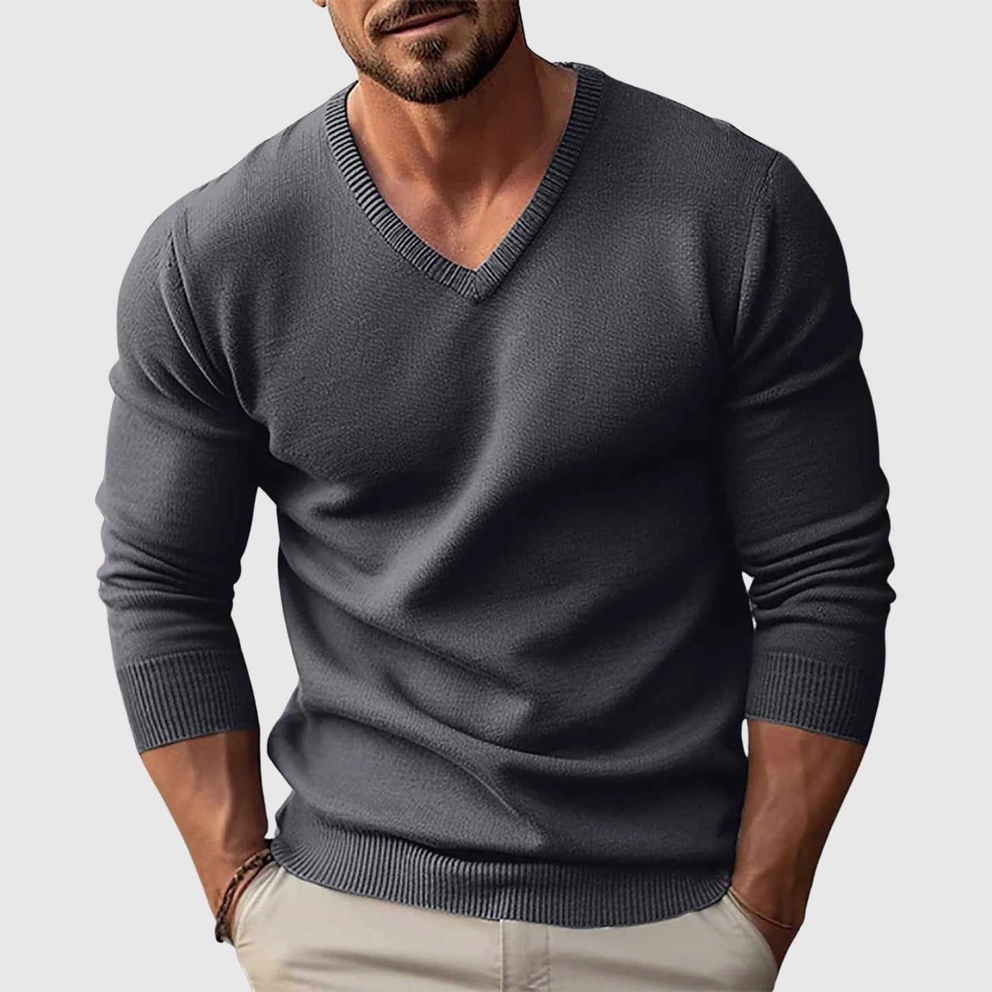 Lorenzo Vitali Nordic Crest slim fit V-neck lightweight wool sweater in neutral tone for men