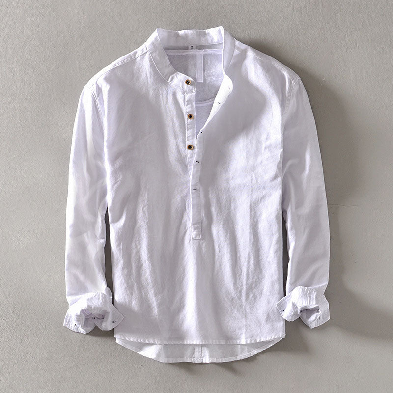 Lorenzo Vitali Orvino men's white linen-cotton blend band collar shirt with contrast buttons