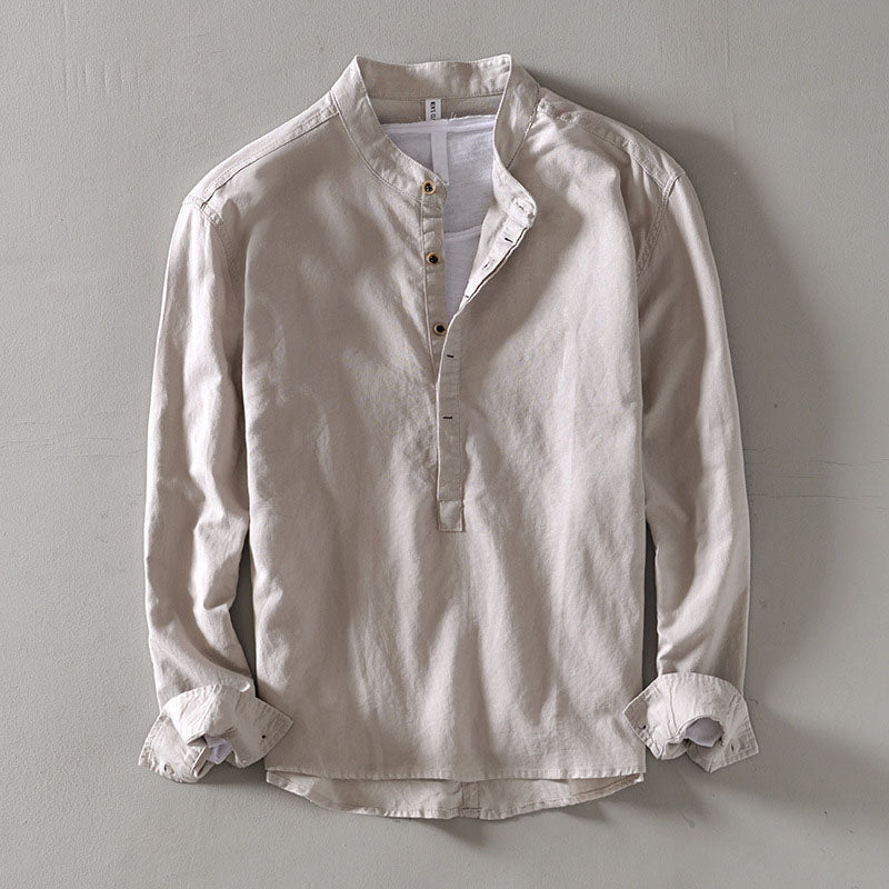 Lorenzo Vitali Orvino light beige linen-cotton blend band collar shirt with contrast buttons