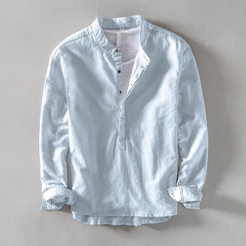 Lorenzo Vitali Orvino men's linen-cotton blend band collar shirt with contrast buttons smart-casual