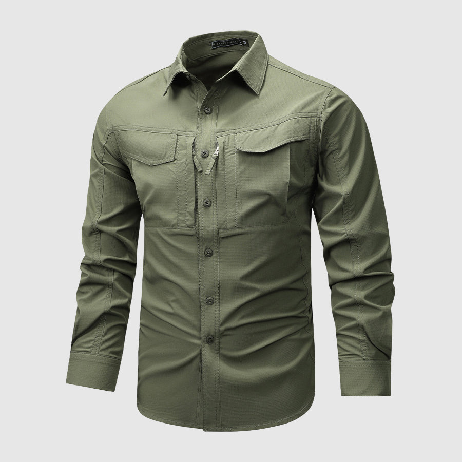 Men's beige regular fit utility shirt with collar, flap chest pockets, and roll-tab sleeves